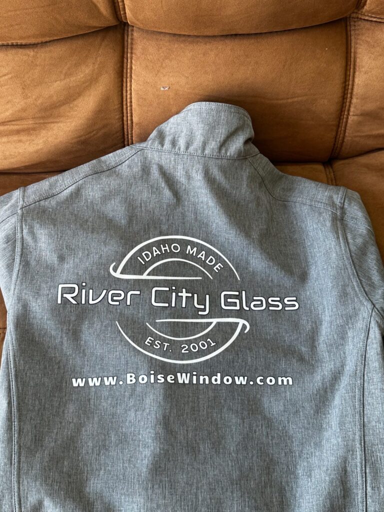 Custom screen printed jacket for a local glass company near Nampa, Idaho