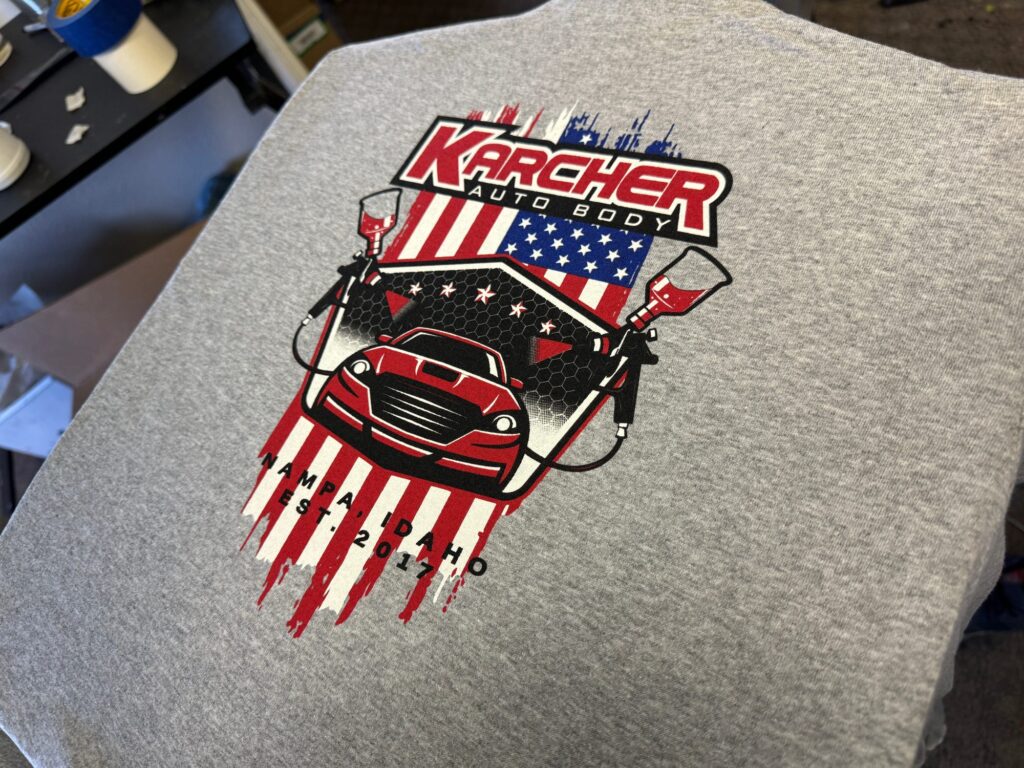 Full color screen printed shirt at The Print Plug screen printing shop in Nampa