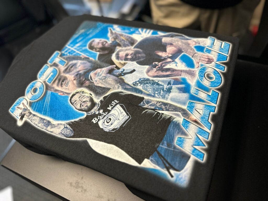 Custom graphic tee with DTG printing of music icon by The Print Plug in Nampa