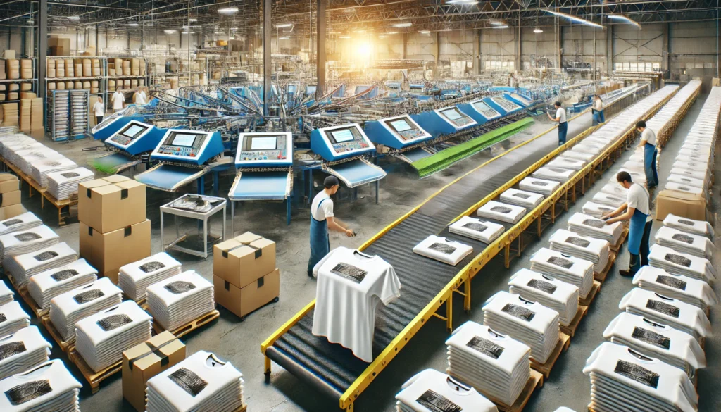 AI image of Bulk printing custom wholesale t-shirts at a factory