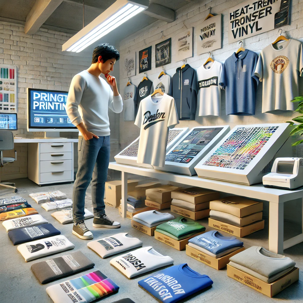 Client choosing the best custom printing techniques for t-shirts