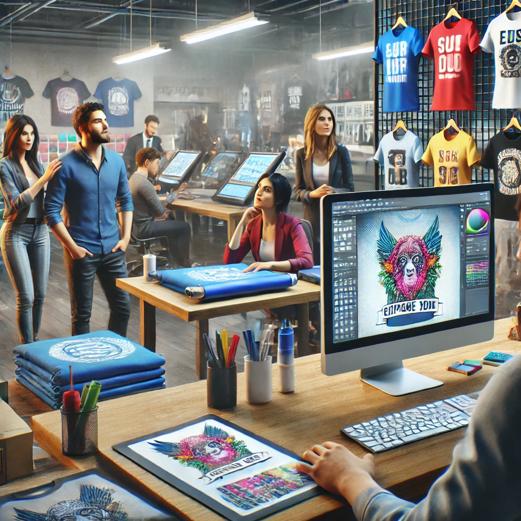 AI image of People considering Personalized T-Shirt Design Ideas at a Print Shop