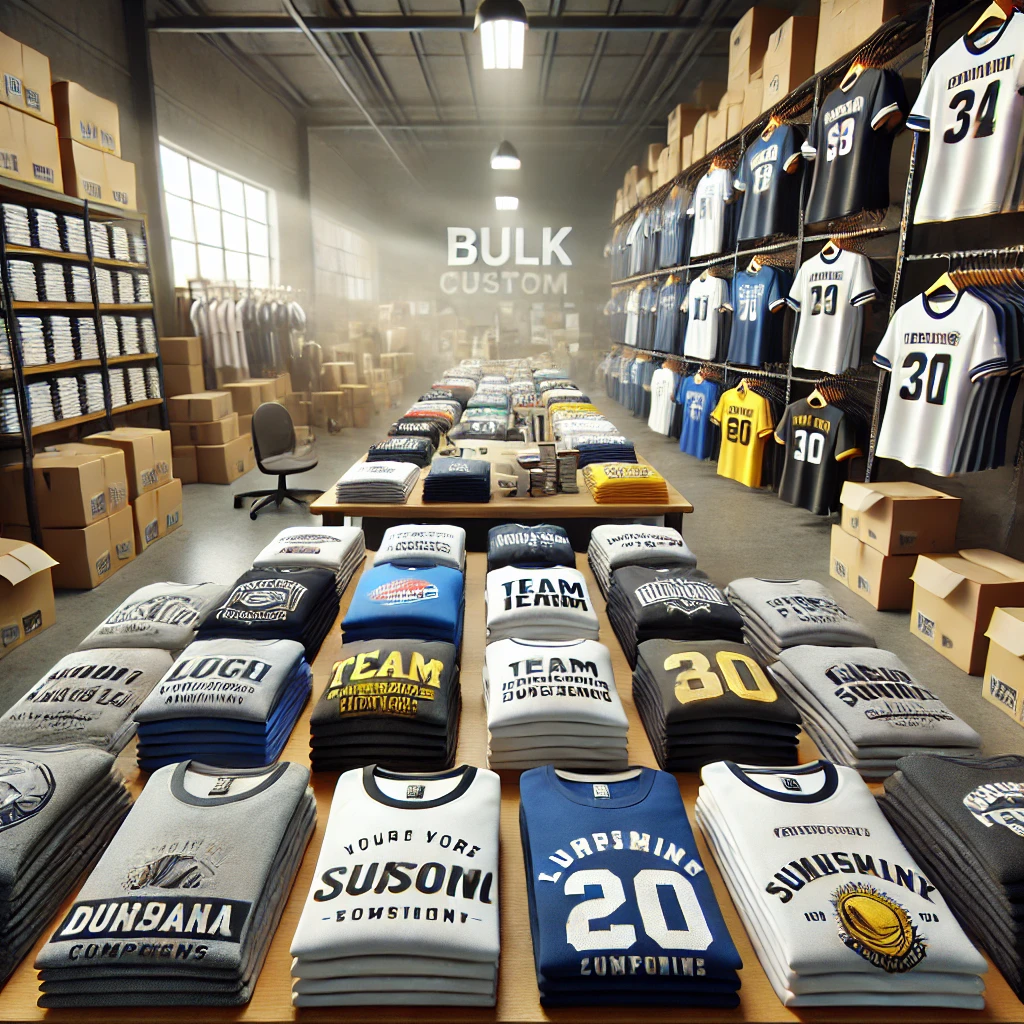 AI image of Wholesale custom t-shirts in a warehouse