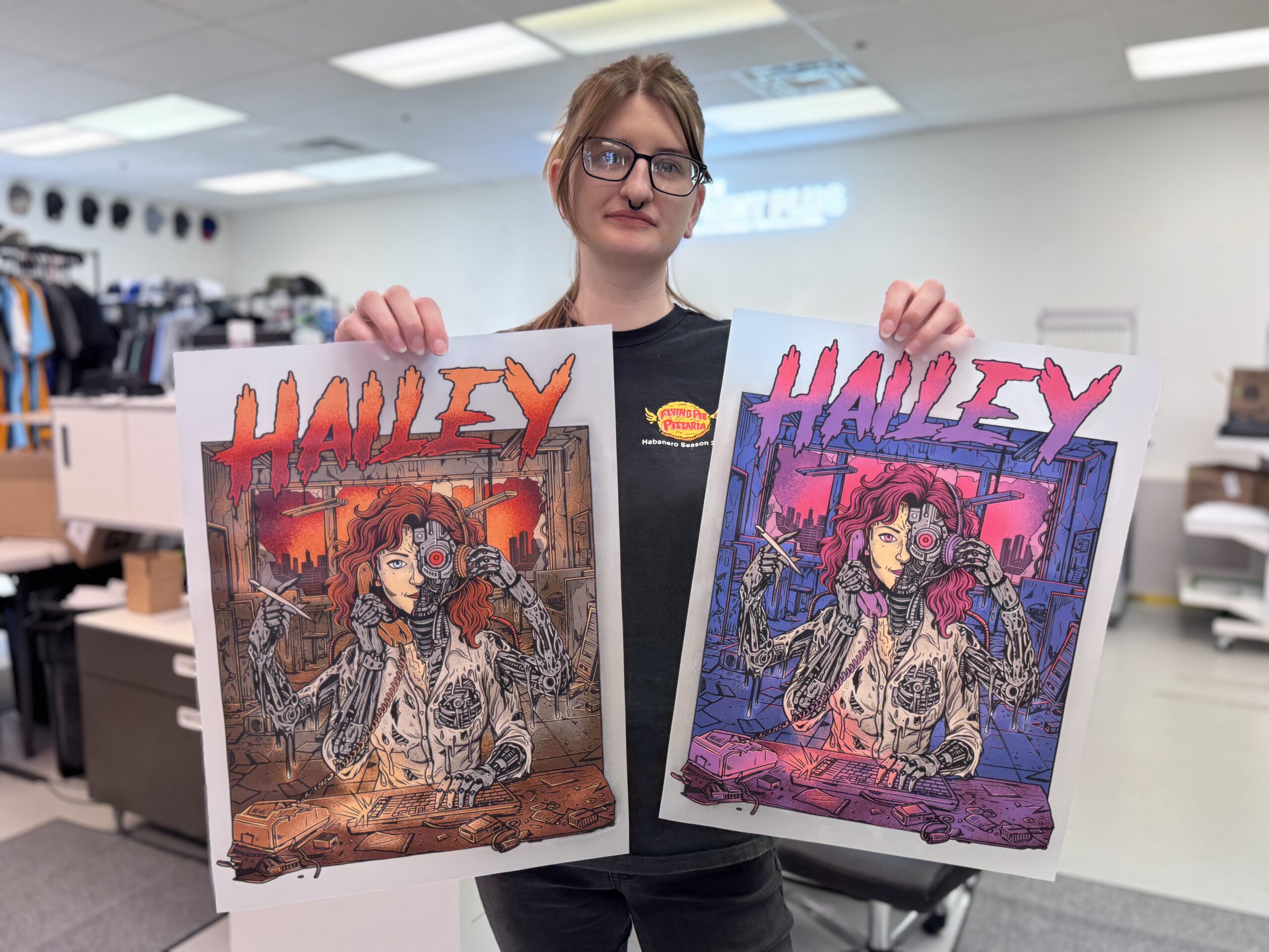 Showing off two custom DTF transfers printed at The Print Plug in Nampa, Idaho