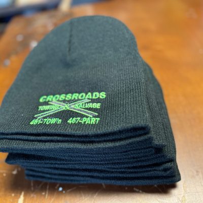 Custom embroidered beanies for local towing service in Nampa, Idaho