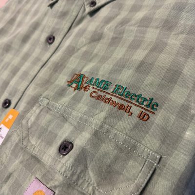 Custom embroidered flannel shirt for a local business in Nampa