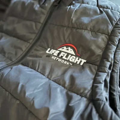 Custom embrodiered puff jacket for local business