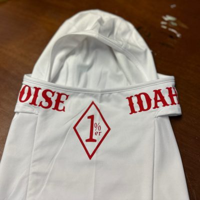Customized mask with heat-transfer vinyl print by The Print Plug in Nampa