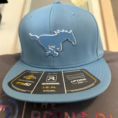 Custom rubber patch on a baseball hat at The Print Plug in Nampa